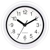 KIZLOC 17 cm Outdoor Uhr Garten Wasserfest, Gartenuhr Außen Wetterfest, Leicht Ablesbare Lautlose Batteriebetriebene Runde Wanduhr für Draußen Pool Balkon Badezimmer (Weiß)