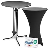 Beautissu Grauer Stehtisch klappbar 80 cm mit Stretch Stehtischhusse Schwarz – Outdoor Bistrotisch Kratzfest, UV- & wetterbeständig – Husse rutschfest, waschbar & bügelfrei – Bellini & Stella
