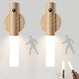 VOMI Wandleuchte Holz LED Nachtlicht mit Bewegungsmelder Batterie 2er Set Lampe Wand Schrankbeleuchtung USB Wiederaufladbar Bewegungssensor Treppenbeleuchtung Akku Magnet Wandbeleuchtung Warmweiß