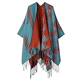 Generisch Damen Poncho Schal Winter Cardigan Cape Floral Elegant Poncho Oberbekleidung mit Fransen Für Frauen Umhang Warm modisches Design Warm Offene Front Strick Schals und Wraps