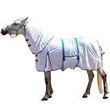 Gallopoff Fliegendecke Pferde mit Halsteil – atmungsaktive Sommerdecke mit UV-Schutz und Scheuerschutz, Verstellbarer Brustverschluss, Bauchgurte, Beinschnüre und Schweiflatz White 110 cm