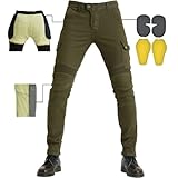 CBBI-WCCB Herren Moto Jeans Motorrad Hose mit Protektoren Motorradhose mit Aramid Schutzfutter Oberschenkeltaschen (Grün, XXL= 36W / 32L)