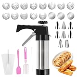 Rosedreamer 2025 Gebäckpresse für Spritzgebäck Edelstahl,Gebäckspritze mit 16 Schablonen und 8 Tüllen, Teigspritze Kekspresse Spritzgebäck Profi Spritzgebäck Maschine für Kuchen Kekse