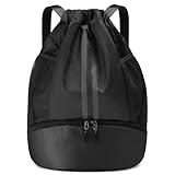 Vortix Turnbeutel für Jungen Damen Herren Kinder, Sportbeutel mit Kordelzug, Wasserdichter Turnbeutel mit Schuhfach, Gym Bag für Basketball, Fußball, Sport, Yoga und Schwimmen (Schwarz)