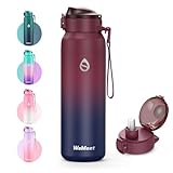WEMEET Trinkflaschen Edelstahl mit Abnehmbare Strohhalm 1 Liter, [18/10 Edelstahl] Wasserflasche mit Removable Gurte, Auslaufsicher Doppelwandig für Outdoor, Arbeit, Kinder, Schule ROT SCHWARZ