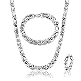 Uirheurd Königskette Herren Silber Edelstahl, 6mm Breite Halskette Armband Einstellbare Ringe Set Herren Ketten Königs Kette Byzantinische Kette Halskette Länge