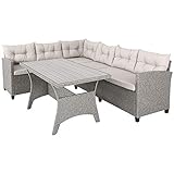 Casaria Polyrattan Ecklounge WPC Esstisch Eckbank 15cm Kissen 7cm Auflagen Wetterfest Outdoor Garten Balkon Sitzgruppe Lounge Gartenmöbel Set Creme