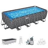 Bestway APX 365 4,7 x 2,7 x 132,1 cm rechteckiges oberirdisches Schwimmbecken für den Außenbereich, Hinterhof, gerahmtes Pool-Set mit Sandfilterpumpe, Leiter und Abdeckung, Grau