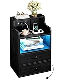 IRONCK LED Nachttisch mit Steckdose, Beistelltisch Holz mit Ladefunktion, Nachtschrank mit 2 AC, 1 USB& 1 Type-C Anschlüsse, Sofatisch mit 2 Schubladen für Wohnzimmer,Schlafzimmer, 45x30x70cm Schwarz