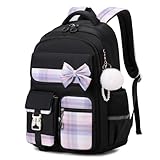 Tanou Schulrucksack Mädchen Kinderrucksack, Wasserdicht Rucksack Teenager Daypack, Kawaii Karo-Schulranzen für Mädchen 9-16 Jahre mit Trolleyband, Schwarz