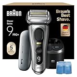Braun Series 9 Pro+ Rasierer Herren, Elektrorasierer mit 5 Pro Rasierelementen, Langhaarschneider & Reinigungsstation, Rasierer-Ladeetui PowerCase, 60 Min Laufzeit, Made in Germany, 9577cc, Silber