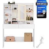 VASAGLE Kailyn Kollektion - Schminktisch mit LED-Beleuchtung, 3 Farben mit Einstellbarer Helligkeit, Frisiertisch mit Spiegel, mit verstellbaren Ablagen, 2 Schubladen, Weihnachten, weiß RDT123T14