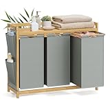 SONGMICS Wäschekorb 3 Fächer, Bambus, Wäschesammler 150 L, Wäschesortierer, mit Ablage, Wäschesack, kleine seitliche Taschen, Wäscheregal, 3 x 50 L, 94 x 33 x 78 cm, taubengrau RLH115G01