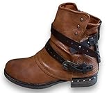 Damen Stiefeletten Biker Boots - Stiefel mit Nieten Blockabsatz - bequeme Herbst Winter Frauen Schuhe Schnallen ST14 Camel 39
