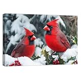 ZQQART Kardinäle Leinwand Wanddekoration roter Vogel Tier und Beeren Gemälde Drucke Winter Schneeszene Bild Wanddekoration Weihnachtsfeier Dekor Rahmen(Rot,30x45cm)
