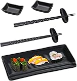 STOUCLA Sushi Platte mit Dipschalen, Japanese Sushi Teller, Geschirr-Set mit 2 Paar Essstäbchen + 2 Essstäbchenablagen + 2 Teller + 2 Dipteller, Schwarz