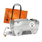 SKOTTI Grill Gas, Camping Grill Gas klein, Ideal für Camping, Festival oder Balkon, Gasgrill für Gaskartuschen, Kleiner faltbarer Campinggrill, Steckbarer Campingkocher für Grillen und Kochen