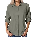 Asfixiado Shirts Damen UV Shirt UPF 50+ Safari Kleidung Wanderbluse Damen Hemdbluse Outdoor Atmungsaktiv Quick Dry Sonnenschutz Langarmshirt Bluse（5087 Grey Green L）