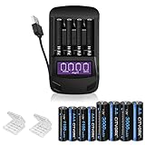 CITYORK 4 Bay LCD Universal Akku-Ladegerät für wiederaufladbare 1,2 V AA AAA NIMH Batterien mit 4 Stück 1,2 V AA 3000 mAh und 4 Stück AAA 1100 mAh Ni-MH Batterien, Schnellladegerät (inkl.
