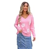 HEYPORK Damen Herbst Winter Warm Bequem Pullover Casual Mode Strickjacke Strickpullover Frauen V-Ausschnitt Langarm Floral Strickpullover(Rosa, XL)