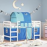 IKAYAA Halbhochbett mit Vorhängen & Tunnel für Kinder aus Kiefernholz, inklusive Lattenrost, Kinderbett 90 x 200 cm, Hochbett für Kinder, für Jungen und Mädchen, Weiß und blau