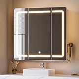 Hzuaneri Spiegelschrank Bad mit Beleuchtung, Badezimmer Spiegelschrank, 3 Farbtemperatur Dimmbare, Badezimmerschrank mit Spiegel und Verstellbarem Regal, 16,5 x 80 x 75 cm Weiß MC30003XEU