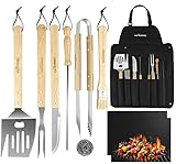 Grillbesteck Set, 10tlg Grill Zubehör mit Grillzange, Grillwender, Grillbürste, Grillmatte, Grillschürze, Fleischgabel, Grillmesser, aus Hochwertiger Edelstahl mit extra-Langen Holzgriff