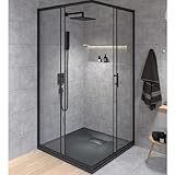 BADLAND Komplettes Set - Duschkabine HELA Schwarz/Chrom + Duschwanne VIDAR 80-90x80-90 193cm - Quadratisch Duschabtrennung Transparent Nano Glas 6 mm, Duschtasse Schwarz/Weiß Steinoptik SMC mit Ablauf