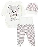 TupTam Baby Mädchen Jungen Bekleidungsset Langarmbody Hose Mütze mit Aufdruck Spruch 3 teilig, Farbe: Love Teddy/Streifen Beige Ecru, Größe: 50