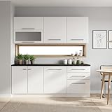 Homestyle4u Küchenzeile 200 cm in Weiß & Schwarz, Küchenmöbel mit Arbeitsplatte, Geschirrspülernische, Hängeschränken, viel Stauraum ohne Elektrogeräte ideal für kleine & mittelgroße Wohnungen, 3164