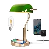 FIRVRE LED Tischlampe Vintage, Grün Glas Bankerlampe mit LED Glühbirne, Schreibtischlampe Retro Wireless-Ladbare mit USB Port