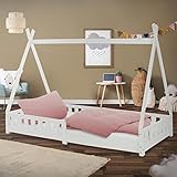 ML-Design Kinderbett Tipi 90x200 cm Weiß mit Rausfallschutz und Lattenrost, aus Kiefernholz, Indianer Bett aus Massivholz für Mädchen & Jungen, Hausbett mit Zaun Kinderhaus Jugendbett Spielbett Zelt