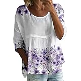 Damen Sommer Boho Tunika Tops Blumendruck 3/4 Ärmel Flowy Casual Loose Fit Niedlich Plus Size Design mit Falten Bequem Bluse Shirt, 1C-Violett, XL