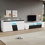 Merax TV Wohnwand Set mit LED-Beleuchtung – 180 cm TV Schrank, 140 cm Lowboard & Sideboard, Hochglanz Schwarz-Weiß für Fernseher bis 80 Zoll – Modernes Wohnzimmer Möbel Set