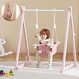 FUNLIO Holzschaukel für Kleinkinder 6-36 Monate, tragbare Kleinkinderschaukel mit 4 Sandsäcken, faltbares Baby-Schaukel-Set mit langlebiger Kiefer, Kinderschaukel für drinnen/außen - Rose