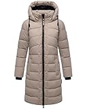 MARIKOO Damen Langer Wintermantel warmer Steppmantel mit abnehmbarer Kapuze Kaltnäschen 16 Light Taupe Gr. M