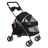 2-in-1 Hundebuggy bis 15 kg – Hundewagen & Katzenwagen klappbar mit Feststellbremse, Getränkehalter & Stauraum, Faltbarer Hunde Buggy für Reisen & Spaziergänge, 49.5×69.5×98 cm