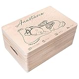 Creative Deco Erinnerungsbox Baby Holzkiste Personalisiert | 30 x 20 x 14 cm (+/-1cm) | Mädchen Motiv für Geburt & Taufe | Groß Natur Geschenk Spielzeugkiste Holzbox mit Deckel und Griffen Gravur
