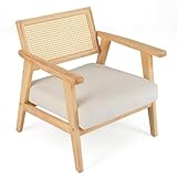 HOMASIS Lounge-Sessel aus Rattan, Holzsessel mit Cordkissen und gepolsterten Armlehnen, Innenstuhl für Schlafzimmer, Wohnzimmer, Natur und Weiß
