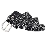 Ornrjfll Damen-Nietengürtel, Punk-Rock, Herrengürtel für Damen, PU-Leder, Pailletten, Metallschnalle, breite Metallsternnietenperle, Schwarz , 100 cm