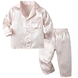 Schlafanzug für Jungen und Mädchen, Herbst, langärmelig, einfarbig, einreihig, Satin, zwei Loungewear, schüchterne Mädchen-Kleidung (Beige, 5–6 Jahre)