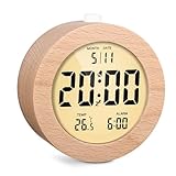 Yulado Wecker Digital, Funkwecker, Tischuhr, Runder Holz LCD Digitaler Wecker, mit Datum, Temperaturanzeige, Hintergrundbeleuchtung, Snooze Funktion, Reisewecker, Wecker Batteriebetrieben