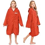 Hiturbo Kinder-Bademantel mit Kapuze: Wickel-Reißverschluss, Bademantel, Poncho, Frottee, für Schwimmen, Strand, Surfen, Zuhause, Orange, 7-14 Years