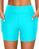 Daci Damen-Badeshorts mit hoher Taille, 12,7 cm, kurz mit Taschen, Bauchkontrolle, Badehose, Jungen-Shorts, Blau Grün, XL