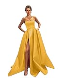MllesReve Langes, trägerloses Ballkleid für Damen, Satin, ärmellos, Schlitz, Abendkleid, Ballkleid mit Taschen, Gold, 32