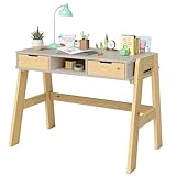 Bellabino Campo Kinderschreibtisch höhenverstellbar aus Holz in Beige/Natur mit 2 Schubladen 1 Ablagefach und 3 Aufbewahrungsfächern, Schreibtisch für Kinder, 75 x 63 x 93 cm