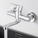 Wasserhahn Wandmontage, 360° Drehbare Edelstahl Wasserhahn Küche Wandarmatur, Kalt und Heiß Einhebelmischer Küchenarmatur Wandmontage, Mischbatterie Küche für Wandmontage, Schwenkarm 15cm, Chrom