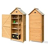 GOPLUS Gartenhaus Holz, 80 x 35 x 176 cm Geräteschuppen mit Satteldach & Ablagen & Schloss, Gerätehaus wetterfest, Gartenschrank Gartenhütte Holzhütte Gartenschuppen für Terrasse & Balkon