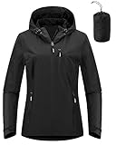 Outdoor Ventures Damen Regenjacke 10000MM Wasserdicht Leichte Gefüttert Packbar Sportjacke Funktionsjacke Atmungsaktiv Fahrrad Jacke mit Kapuze Schwarz S