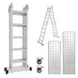 Fogmiea Aluminium Mehrzweckleitern 4 * 5 Stufen Multifunktionsleiter Alu Leiter Ausziehbar 5,8m Klappleiter Gelenkleiter Anlegeleiter Steigleiter mit 2 Gerüstplatten und 2 Rollen